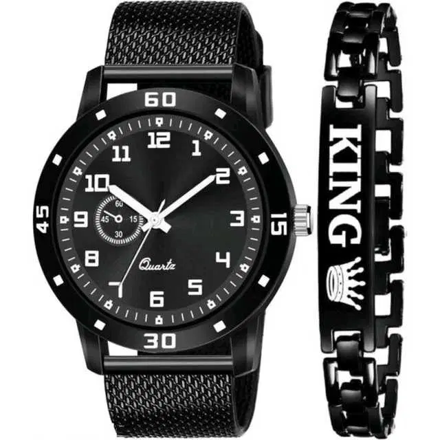 Casual PU Analog Watch With Bracelet Men, Pack Of 2 (Black) (MP-287)