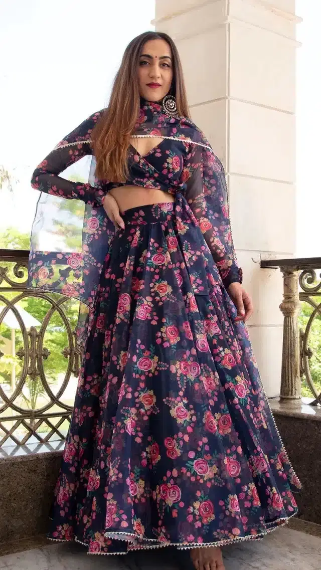 Georgette Semi Stitched Lehenga Choli for Women (Navy Blue, Free Size)