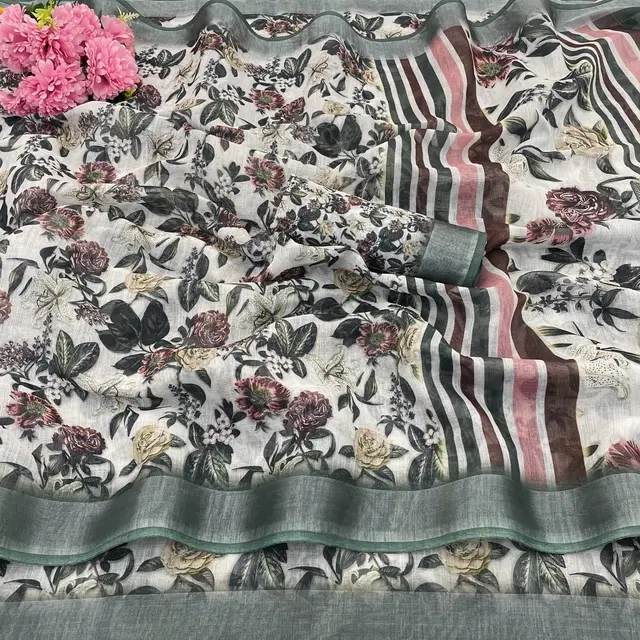 Linen Printed Saree for Women, Multicolor (6.3 m)