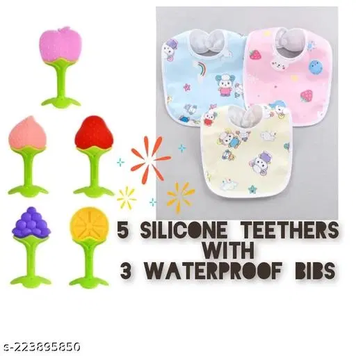 Pack Of 5 Silicone Teether With 3 Waterproof Bib
