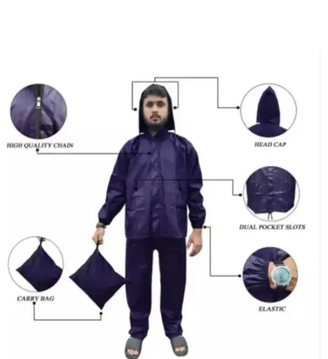 Polyester Full Sleeves Rainsuit Set for Men, Navy Blue, M