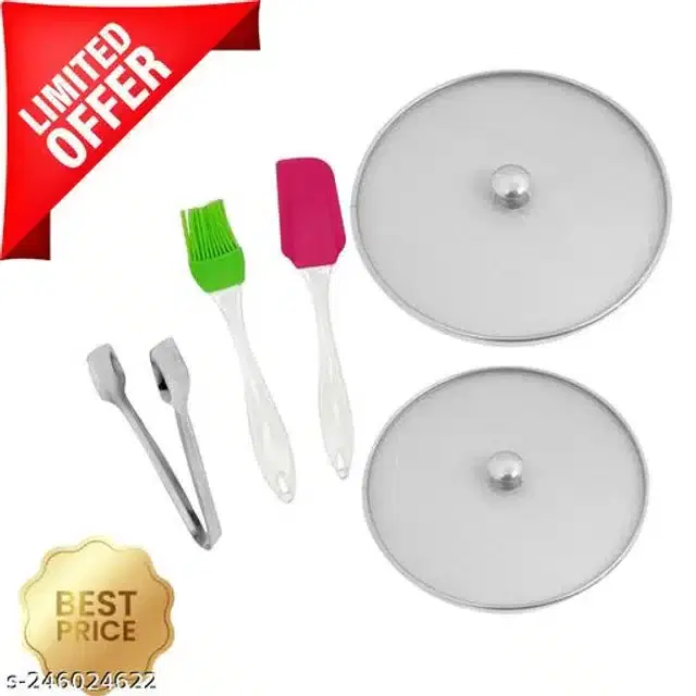 Metal Net Lids, 2 Pcs with Cooking Tong, Spatula & Oil Brush, Multicolor, Set of 5