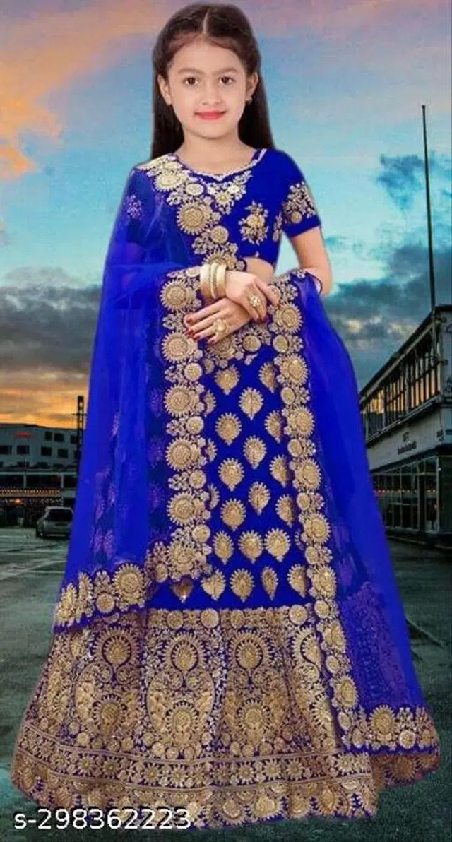 Satin Lehenga Cholis with Dupatta for Girls (9-10 Years, Blue)