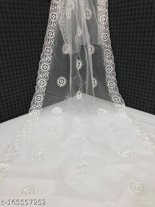 Ethnic Motif Sequinned Embroidered Net Dupatta for Women (White, Free Size)