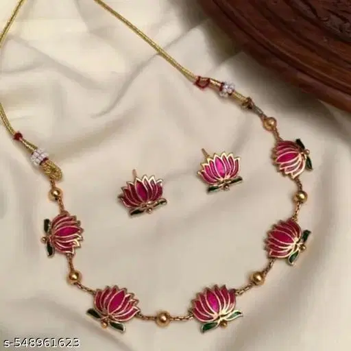 Golden Ball Advaita Enamel Lotus Short Neckpiece / Choker With Earring