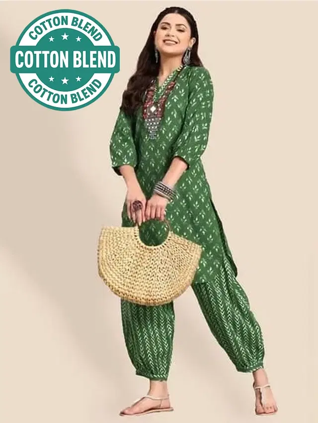 Cotton Blend Printed Women's Kurta with Pant Set, Green (XL)
