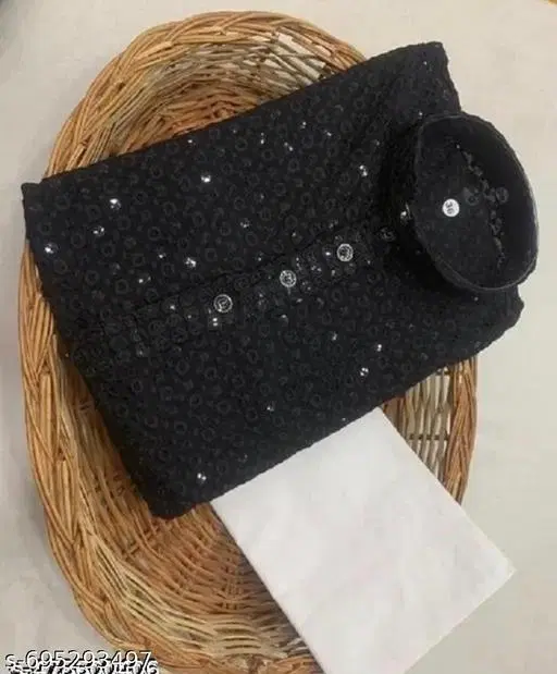 Chikankari Cotton Blend Pyjama Set for Boys (Black Top Bottom) (White, 0-1 Years)