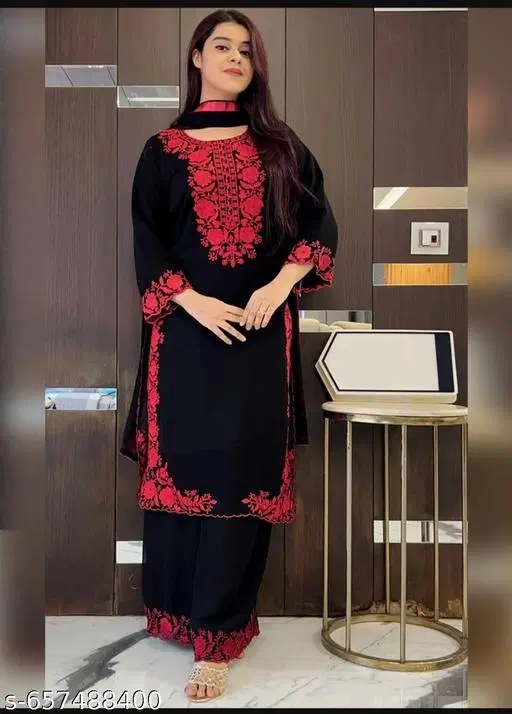 Georgette Embroidered Kurta & Paint & Dupatta Set For Womens, Black (L)