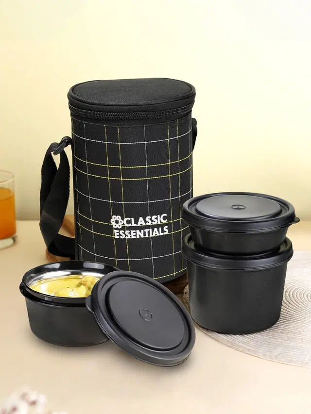 Stainless Steel Microwave Safe Insulated Leak Proof 3 Containers Lunch Box Set, Black, Set of 1