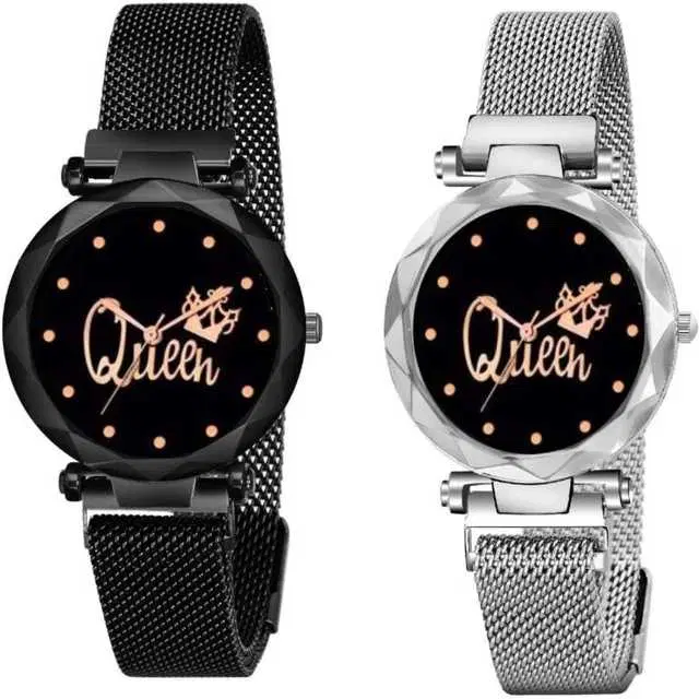 Casual Metal Analog Watch Combo Women, Pack Of 2 (Black & Silver) (MP-707)