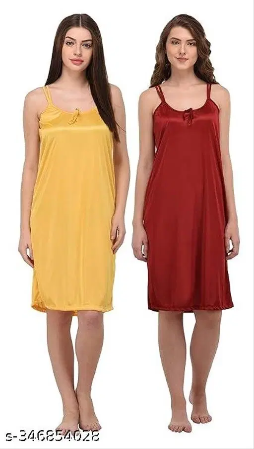 Satin Solid Nightdress for Women, Yellow & Maroon, Pack of 2 (L)