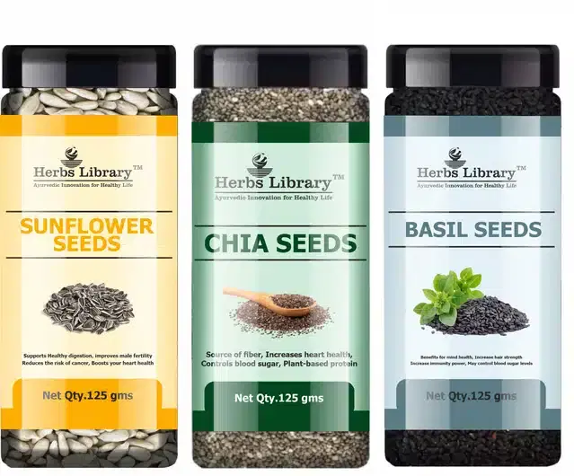 Herbs Library Sunflower Seeds, Chia Seeds and Basil Seeds, Pack of 3, 125 g