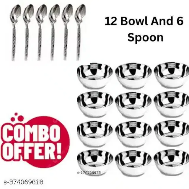 Stainless Steel 12 Pcs Bowls with 6 Pcs Spoon, Silver, Set of 2