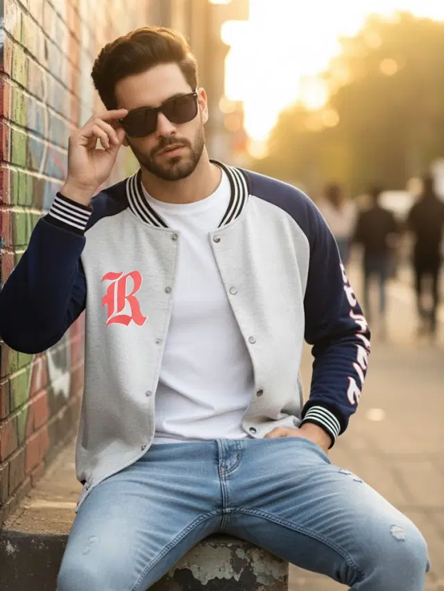 Fleece Solid Jacket For Men, White & Blue (XL)