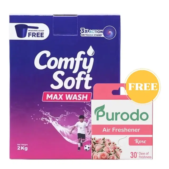 Comfy Soft Max Wash Detergent Powder 2 Kg Box with Free Purodo Air Freshner Block - Rose 50 g