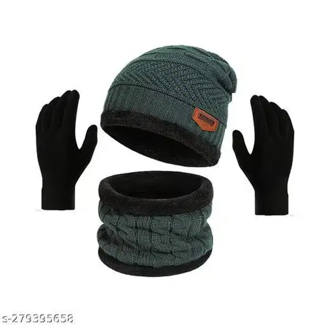 Woolen Beanie Cap with Neck Scarf & Hand Gloves for Men & Women, Set of 2 (Multicolor)