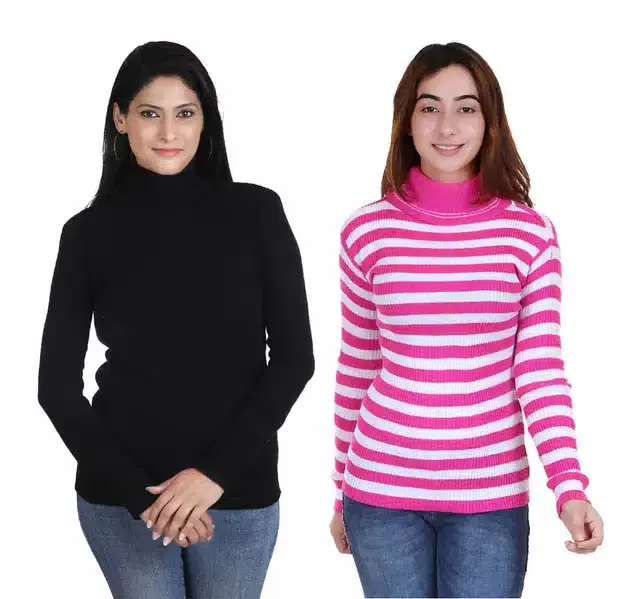 Full Sleeves Solid Sweater for Women, Pack of 2 (Black & Dark Pink, S)