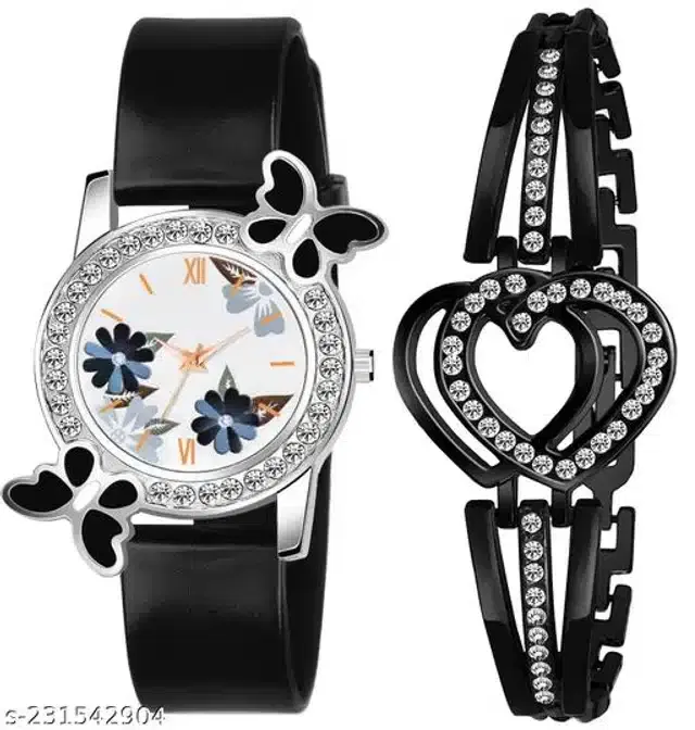 Analog Watch with Bracelet for Women, Set of 2 (Multicolor)
