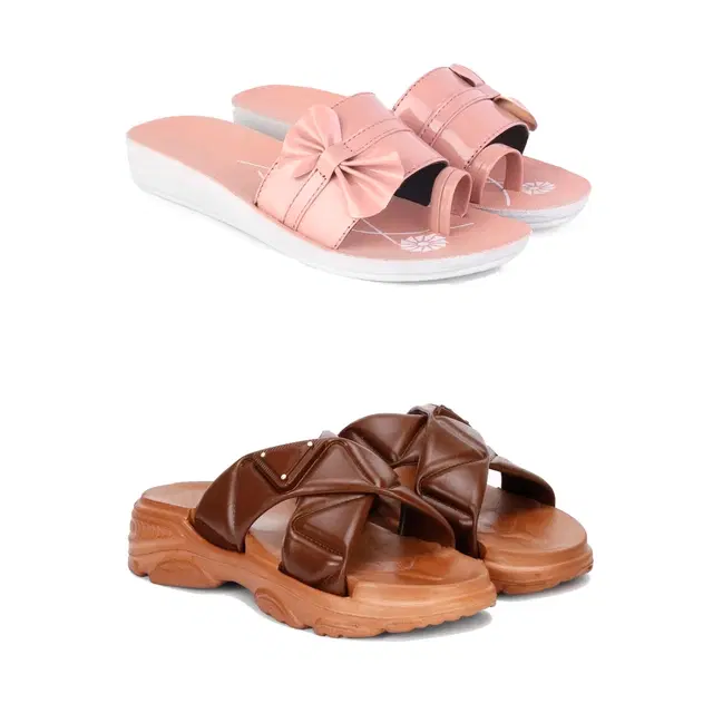 Combo of Sliders & Flats for Women, Set of 2 (Multicolor, 5)