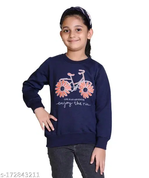 Woolen Printed Sweatshirt for Girls (Navy Blue, 4-5 Years)