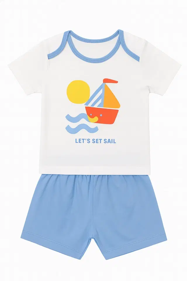 Cotton Printed Clothing Set for Boys, White & Sky Blue (0-6 Months)