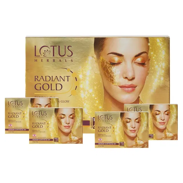 Lotus Herbals Radiant Gold Cellular Glow Facial Kit 4 in 1 | With 24K Gold Leaves | All Skin Types | 4x37g