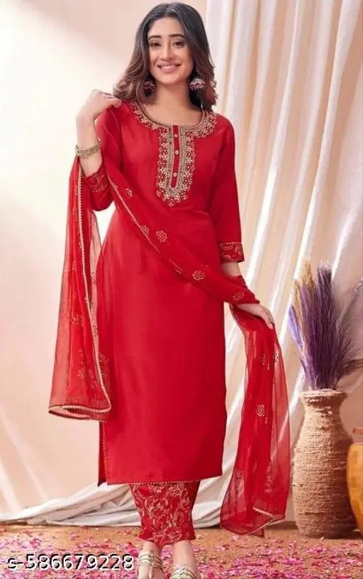 Embroidered Rayon Slub Kurta Set for Women (Red, XXXL)