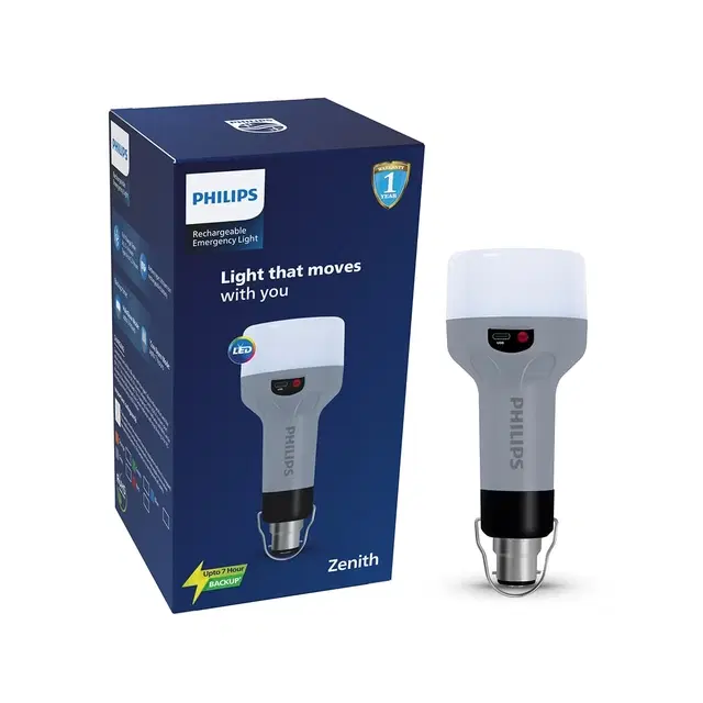 Philips Zenith 9w Portable Emergency Torch Light | Led Bulb, B22 Base | Up To 7 Hours Backup, Type-C & Ac Charging, Lithium-Ion Battery, Includes Hanging Hook (Grey) | Cool Day Light, Pack Of 1