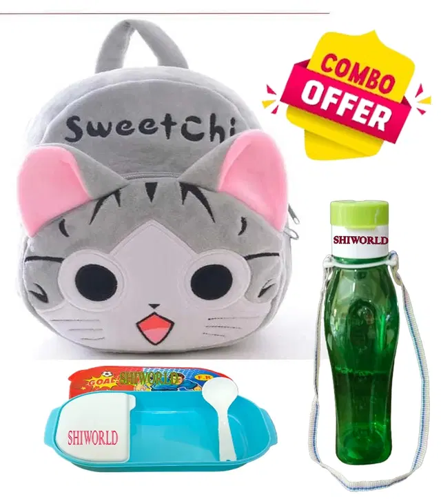 Combo of Fabric School Bag, Water Bottle with Lunch Box for Kids, Multicolor, Set of 3
