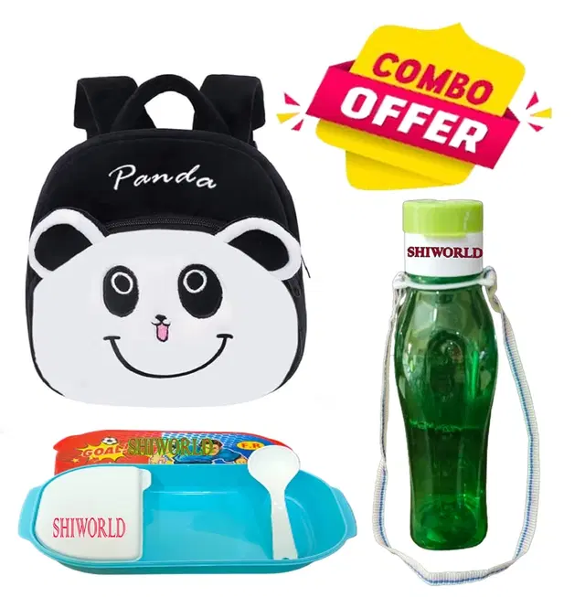 Combo of Fabric School Bag, Water Bottle with Lunch Box for Kids, Multicolor, Set of 3