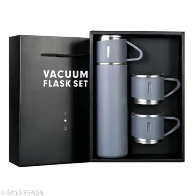 Stainless Steel Water Bottle with 2 Pcs Cups, Grey, Set of 2