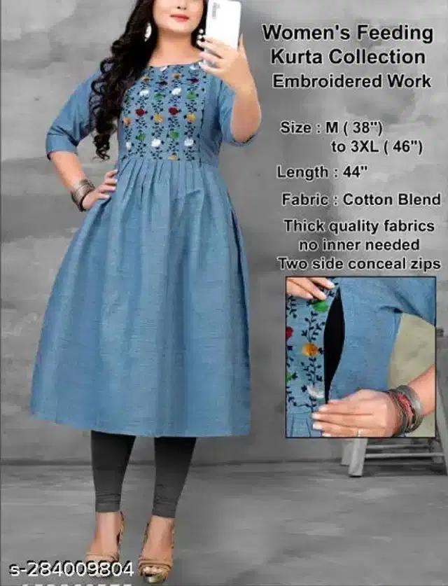 Cotton Embroidered Women Feeding Kurti for Women (Blue, M)