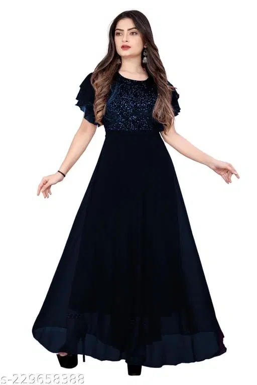 Georgette Embellished Gown for Women (Blue, L)