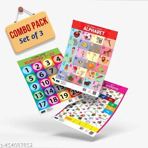 Bookford Publications My Small Chart – Alphabet, Numbers & Hindi Varnamala | Set of 3 Educational Charts for Kids | Fun Learning Tools for Toddlers and Preschoolers