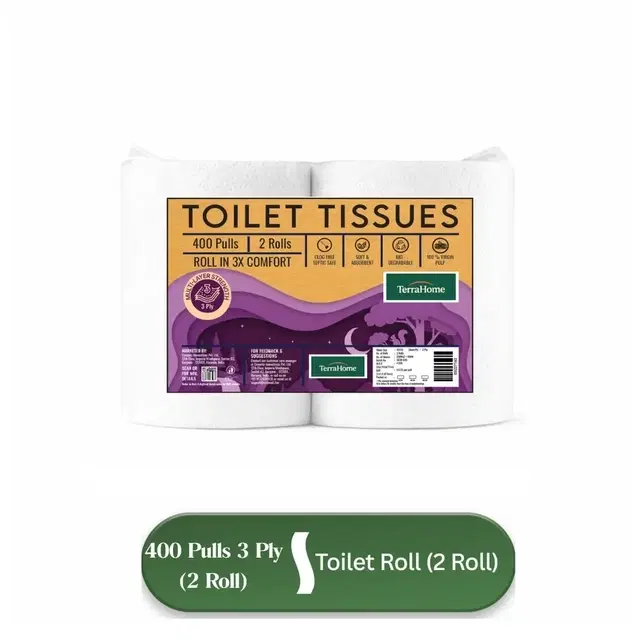TerraHome Toilet Tissue Paper Rolls, 3 Ply, 400 Pulls [2 x 200 Pulls]
