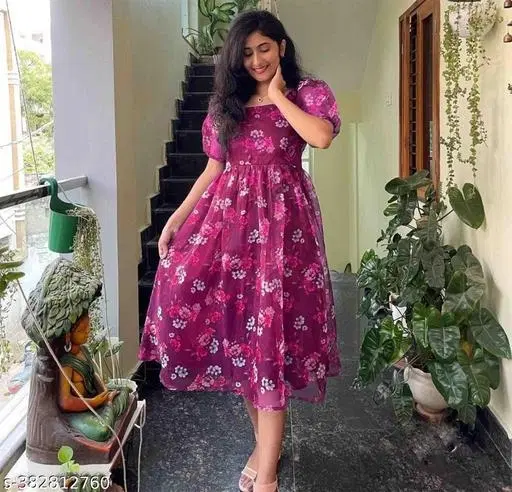 Printed Party Gown for Women (Pink, XS)