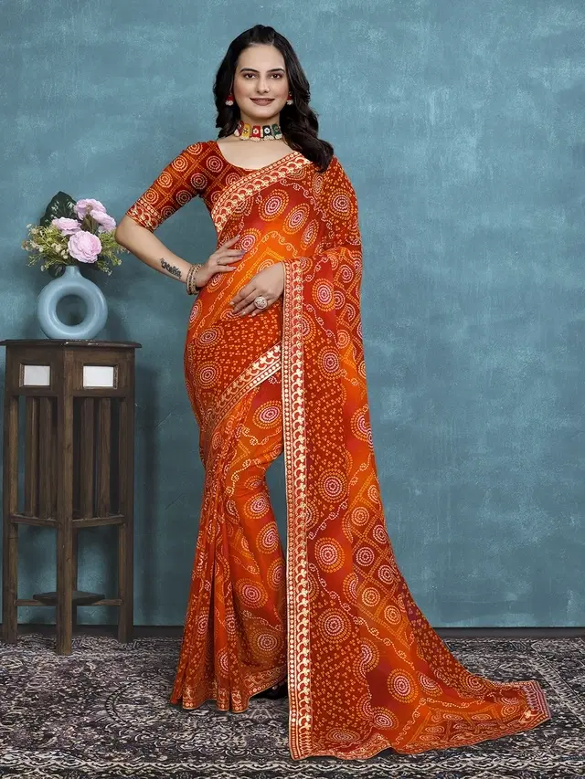 Georgette Bandhini Saree for Women, Orange