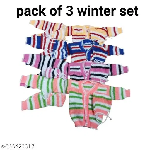 Woolen Thermal Set for Kids, Set of 3 (Multicolor, 0-3 Months)