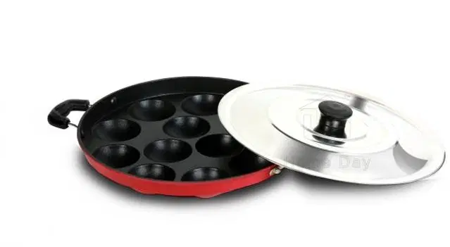 ZODEX 12 Cavities Non Stick Appam Patra with Lid and Side Handle, Multicolor, 21 cm