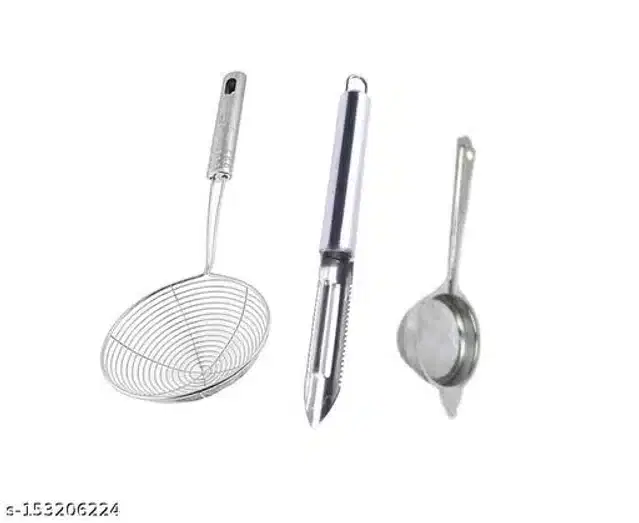 Stainless Steel Deep Frying Strainer with Peeler & Tea Strainer, Silver, Set of 3