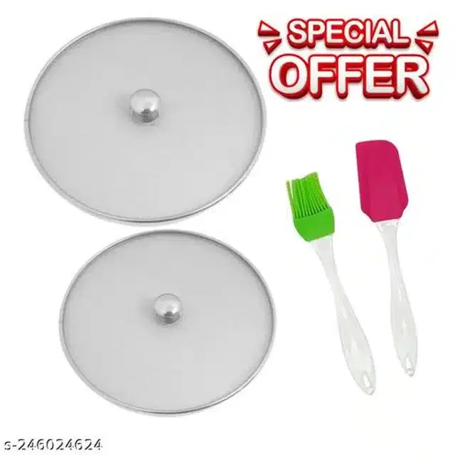 Metal Net Lids, 2 Pcs with Spatula & Oil Brush, Multicolor, Set of 4