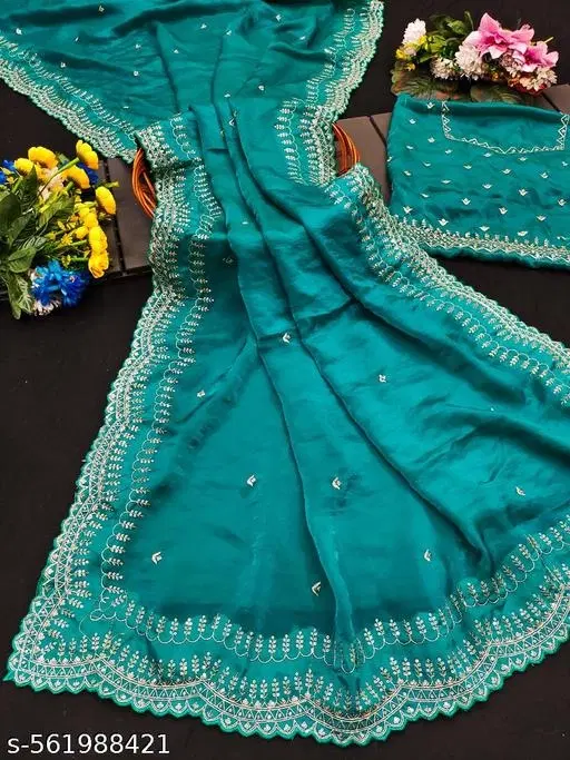 Embroidered Cotton Blend Ethnic Motif Sewing & Embroidery (Teal, Free Size)