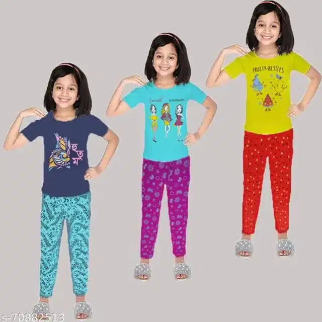 Cotton Nightsuit Set for Girls, Set of 3 (Multicolor, 3-4 Years)