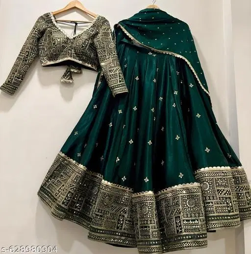 Embroidered Lehenga Choli for Women (Green, Free Size)