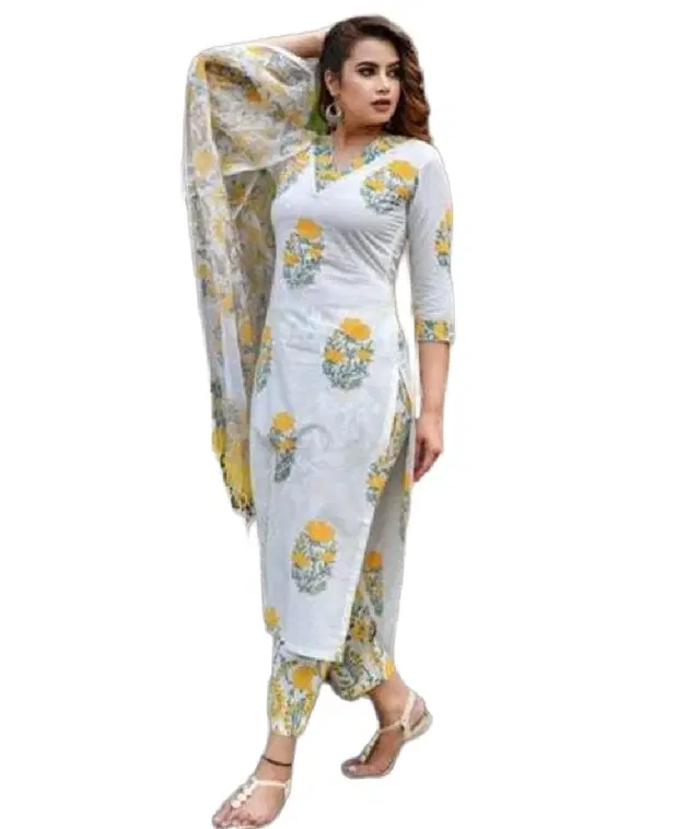 Viscose Rayon Printed Kurta with Pant & Dupatta for Women (Multicolor, S)