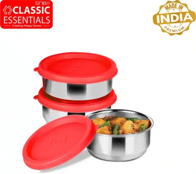 Stainless Steel Lunch Box, Pack of 3, Red, 350 ml