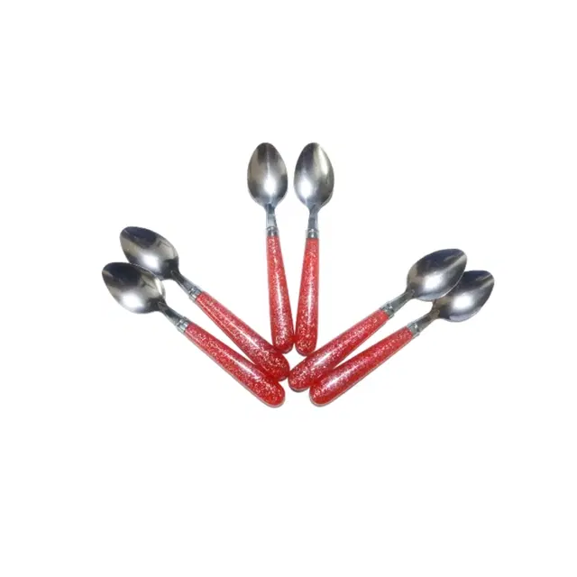 Stainless Steel Spoons, Red & Silver, Pack of 6