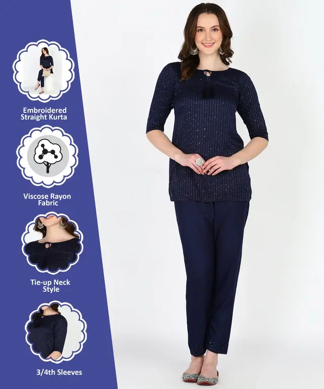 Rayon Embellished Top & Bottom Set for Women (Navy Blue, S)