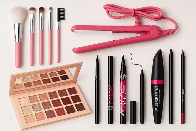 Makeup Kit Set Of Eyeshadow, Kajal, Eyeliner, 5 Makeup Brushes, Straightner & 3In1 Mascara (Pack Of 12)