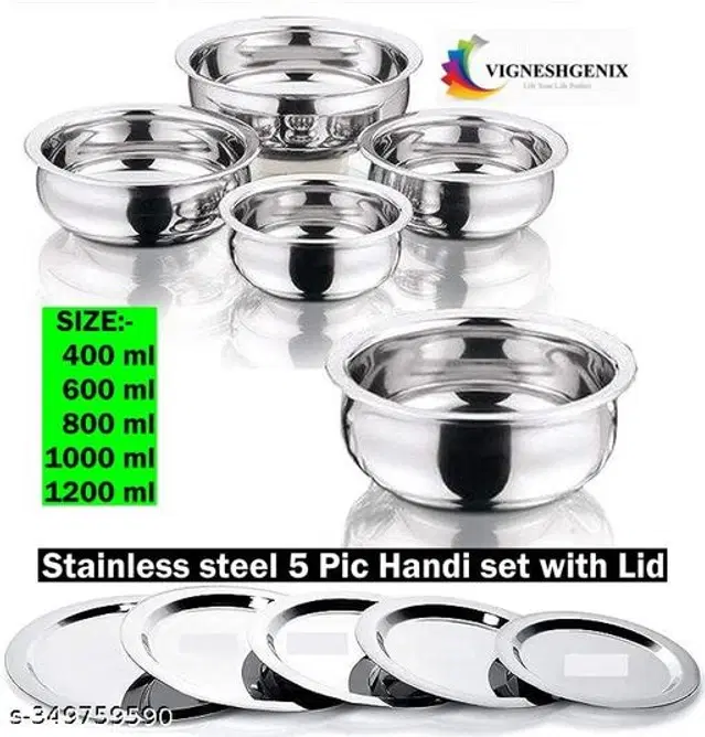 Stainless Steel Copper Bottom Handi Pot Set with Lid, Silver, Set of 5